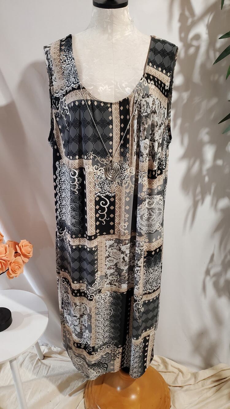 Catherines Patchwork Silver Necklace Scoop Neck Sleeveless Midi Dress Size 3X